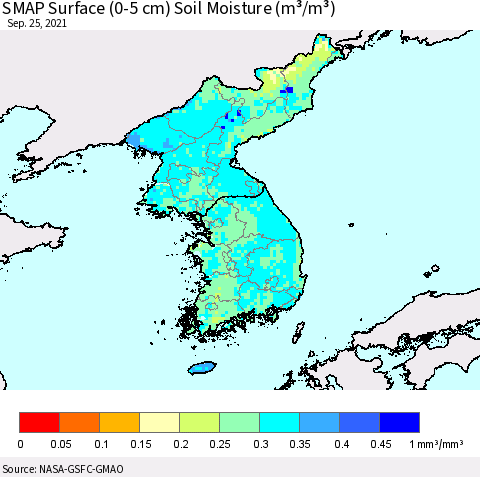 Korea SMAP Surface (0-5 cm) Soil Moisture (m³/m³) Thematic Map For 9/21/2021 - 9/25/2021