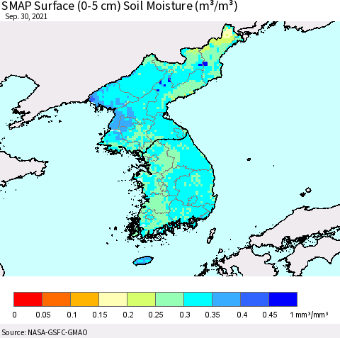 Korea SMAP Surface (0-5 cm) Soil Moisture (m³/m³) Thematic Map For 9/26/2021 - 9/30/2021