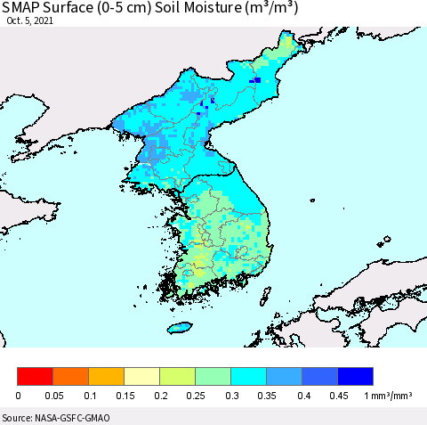 Korea SMAP Surface (0-5 cm) Soil Moisture (m³/m³) Thematic Map For 10/1/2021 - 10/5/2021