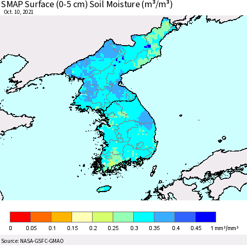Korea SMAP Surface (0-5 cm) Soil Moisture (m³/m³) Thematic Map For 10/6/2021 - 10/10/2021