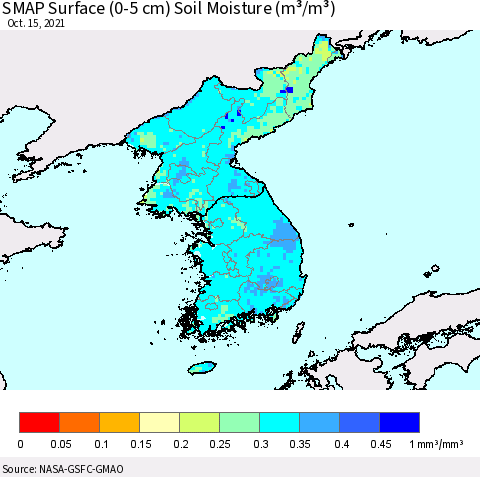 Korea SMAP Surface (0-5 cm) Soil Moisture (m³/m³) Thematic Map For 10/11/2021 - 10/15/2021