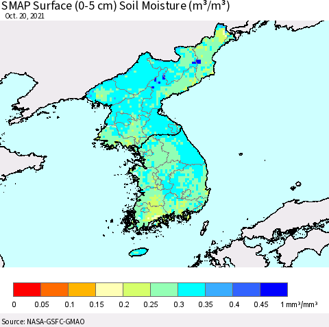 Korea SMAP Surface (0-5 cm) Soil Moisture (m³/m³) Thematic Map For 10/16/2021 - 10/20/2021