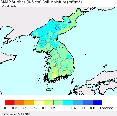 Korea SMAP Surface (0-5 cm) Soil Moisture (m³/m³) Thematic Map For 10/21/2021 - 10/25/2021