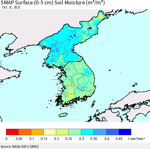 Korea SMAP Surface (0-5 cm) Soil Moisture (m³/m³) Thematic Map For 10/26/2021 - 10/31/2021