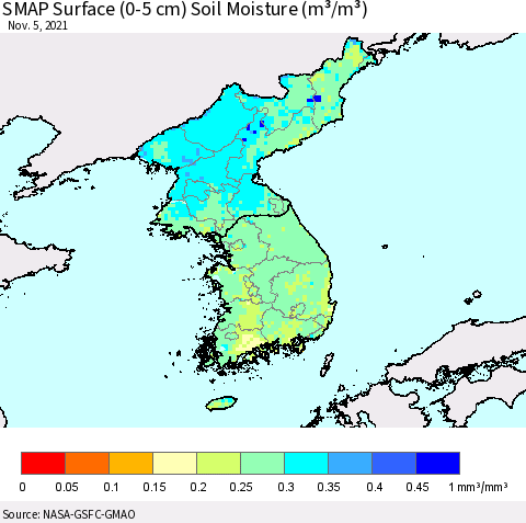 Korea SMAP Surface (0-5 cm) Soil Moisture (m³/m³) Thematic Map For 11/1/2021 - 11/5/2021