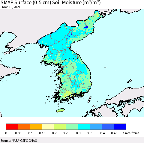 Korea SMAP Surface (0-5 cm) Soil Moisture (m³/m³) Thematic Map For 11/6/2021 - 11/10/2021
