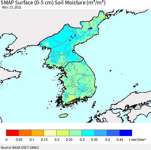Korea SMAP Surface (0-5 cm) Soil Moisture (m³/m³) Thematic Map For 11/11/2021 - 11/15/2021