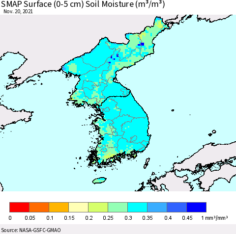 Korea SMAP Surface (0-5 cm) Soil Moisture (m³/m³) Thematic Map For 11/16/2021 - 11/20/2021