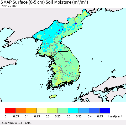 Korea SMAP Surface (0-5 cm) Soil Moisture (m³/m³) Thematic Map For 11/21/2021 - 11/25/2021