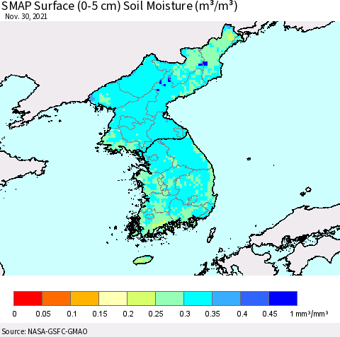 Korea SMAP Surface (0-5 cm) Soil Moisture (m³/m³) Thematic Map For 11/26/2021 - 11/30/2021