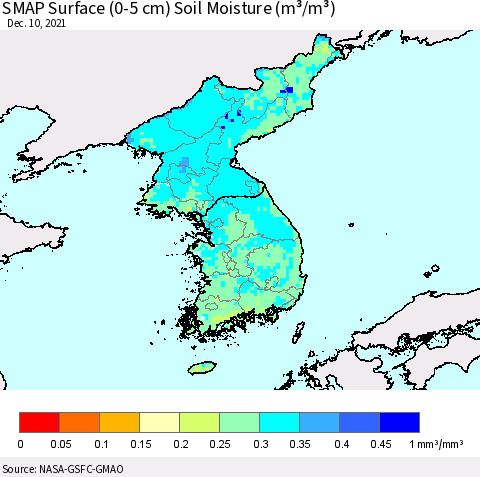 Korea SMAP Surface (0-5 cm) Soil Moisture (m³/m³) Thematic Map For 12/6/2021 - 12/10/2021