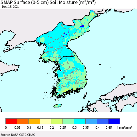 Korea SMAP Surface (0-5 cm) Soil Moisture (m³/m³) Thematic Map For 12/11/2021 - 12/15/2021