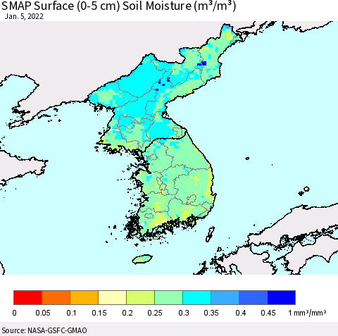 Korea SMAP Surface (0-5 cm) Soil Moisture (m³/m³) Thematic Map For 1/1/2022 - 1/5/2022