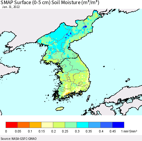 Korea SMAP Surface (0-5 cm) Soil Moisture (m³/m³) Thematic Map For 1/26/2022 - 1/31/2022