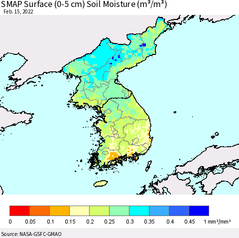 Korea SMAP Surface (0-5 cm) Soil Moisture (m³/m³) Thematic Map For 2/11/2022 - 2/15/2022