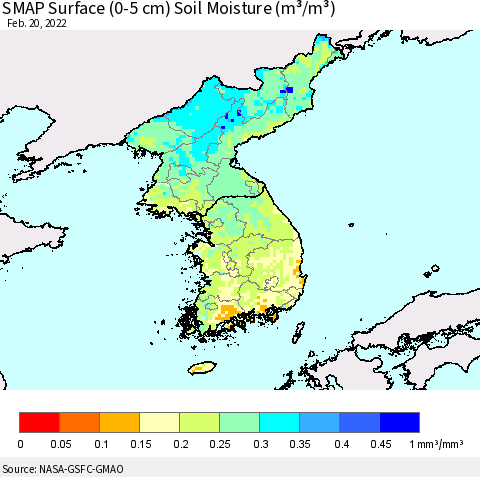 Korea SMAP Surface (0-5 cm) Soil Moisture (m³/m³) Thematic Map For 2/16/2022 - 2/20/2022