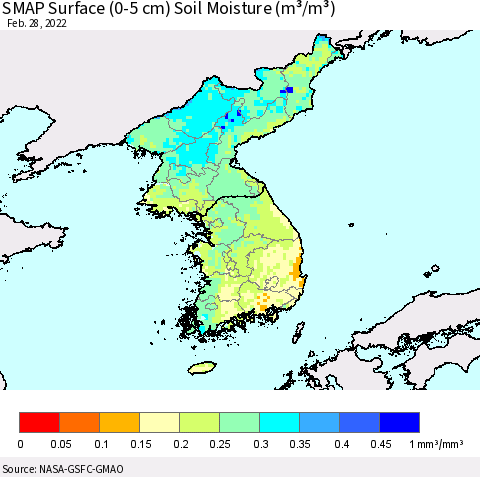 Korea SMAP Surface (0-5 cm) Soil Moisture (m³/m³) Thematic Map For 2/26/2022 - 2/28/2022