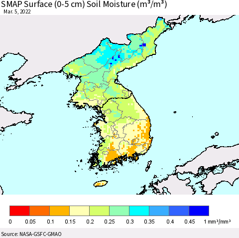 Korea SMAP Surface (0-5 cm) Soil Moisture (m³/m³) Thematic Map For 3/1/2022 - 3/5/2022