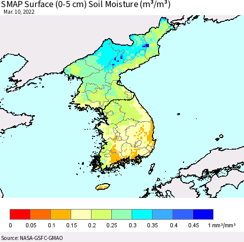 Korea SMAP Surface (0-5 cm) Soil Moisture (m³/m³) Thematic Map For 3/6/2022 - 3/10/2022