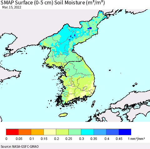 Korea SMAP Surface (0-5 cm) Soil Moisture (m³/m³) Thematic Map For 3/11/2022 - 3/15/2022
