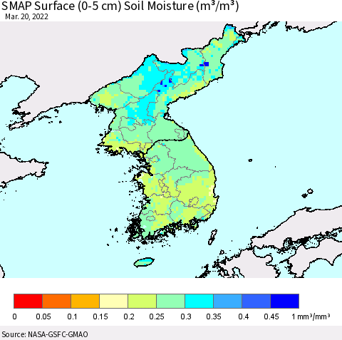 Korea SMAP Surface (0-5 cm) Soil Moisture (m³/m³) Thematic Map For 3/16/2022 - 3/20/2022