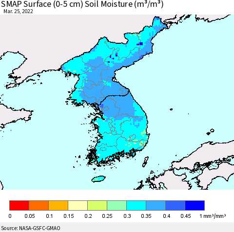 Korea SMAP Surface (0-5 cm) Soil Moisture (m³/m³) Thematic Map For 3/21/2022 - 3/25/2022