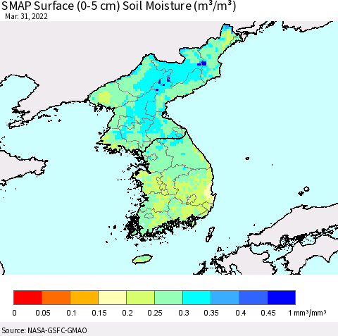Korea SMAP Surface (0-5 cm) Soil Moisture (m³/m³) Thematic Map For 3/26/2022 - 3/31/2022