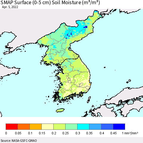 Korea SMAP Surface (0-5 cm) Soil Moisture (m³/m³) Thematic Map For 4/1/2022 - 4/5/2022