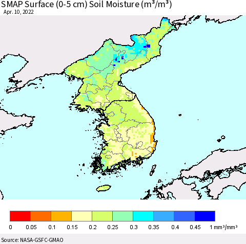 Korea SMAP Surface (0-5 cm) Soil Moisture (m³/m³) Thematic Map For 4/6/2022 - 4/10/2022