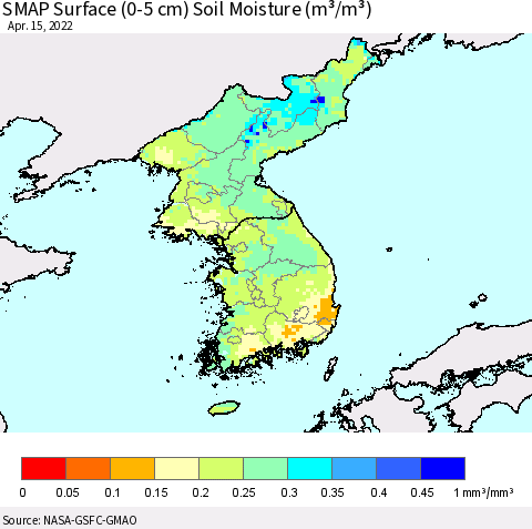 Korea SMAP Surface (0-5 cm) Soil Moisture (m³/m³) Thematic Map For 4/11/2022 - 4/15/2022