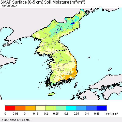 Korea SMAP Surface (0-5 cm) Soil Moisture (m³/m³) Thematic Map For 4/16/2022 - 4/20/2022
