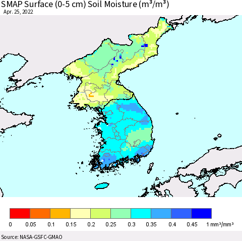 Korea SMAP Surface (0-5 cm) Soil Moisture (m³/m³) Thematic Map For 4/21/2022 - 4/25/2022