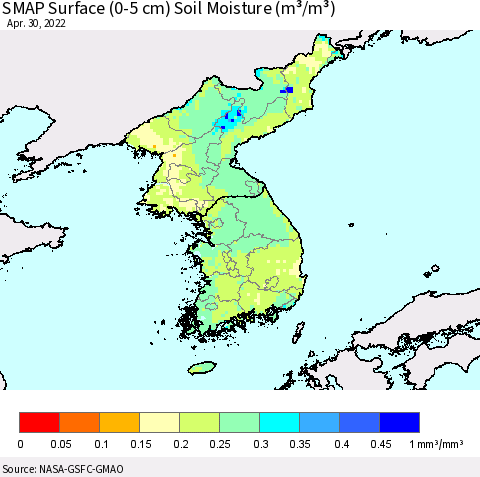 Korea SMAP Surface (0-5 cm) Soil Moisture (m³/m³) Thematic Map For 4/26/2022 - 4/30/2022