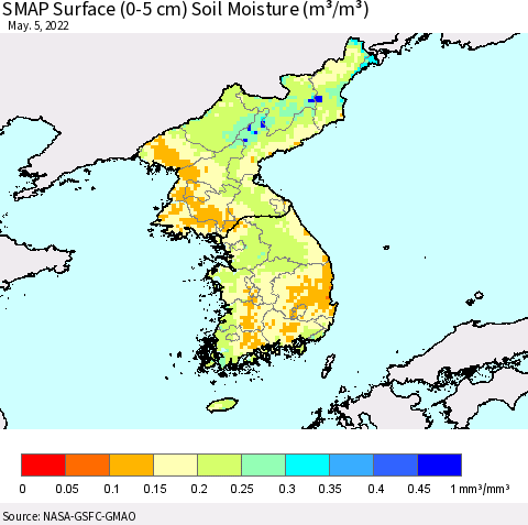 Korea SMAP Surface (0-5 cm) Soil Moisture (m³/m³) Thematic Map For 5/1/2022 - 5/5/2022