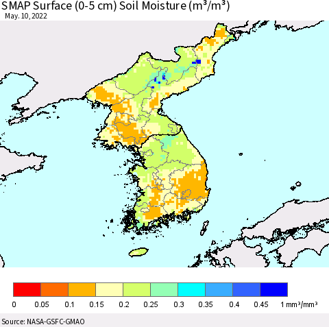 Korea SMAP Surface (0-5 cm) Soil Moisture (m³/m³) Thematic Map For 5/6/2022 - 5/10/2022