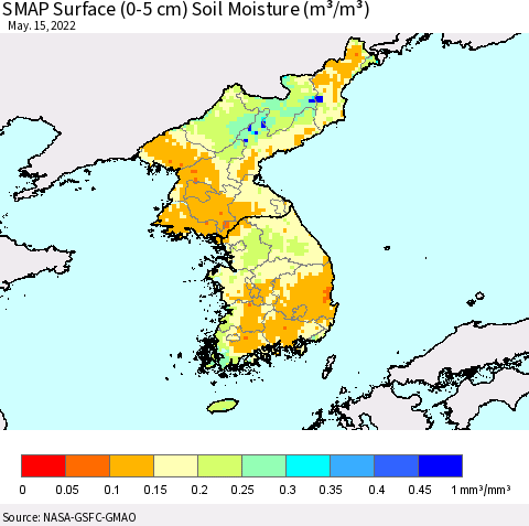 Korea SMAP Surface (0-5 cm) Soil Moisture (m³/m³) Thematic Map For 5/11/2022 - 5/15/2022