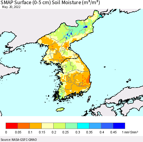 Korea SMAP Surface (0-5 cm) Soil Moisture (m³/m³) Thematic Map For 5/16/2022 - 5/20/2022