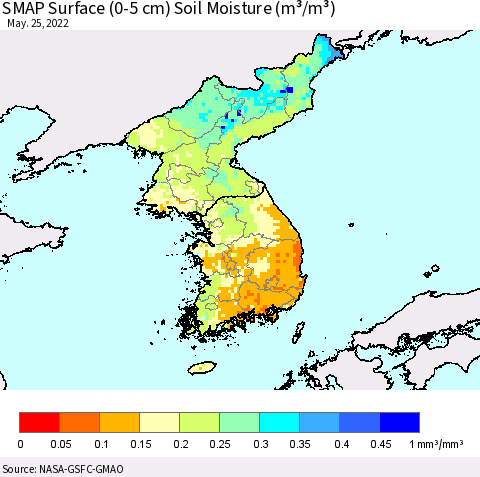 Korea SMAP Surface (0-5 cm) Soil Moisture (m³/m³) Thematic Map For 5/21/2022 - 5/25/2022