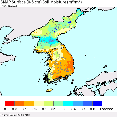 Korea SMAP Surface (0-5 cm) Soil Moisture (m³/m³) Thematic Map For 5/26/2022 - 5/31/2022