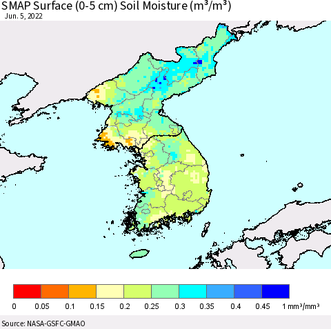 Korea SMAP Surface (0-5 cm) Soil Moisture (m³/m³) Thematic Map For 6/1/2022 - 6/5/2022