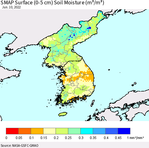 Korea SMAP Surface (0-5 cm) Soil Moisture (m³/m³) Thematic Map For 6/6/2022 - 6/10/2022