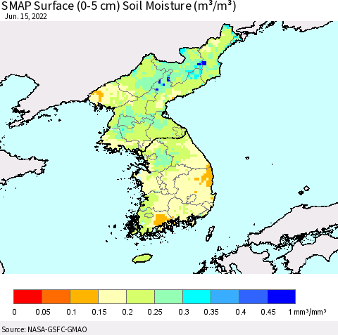 Korea SMAP Surface (0-5 cm) Soil Moisture (m³/m³) Thematic Map For 6/11/2022 - 6/15/2022