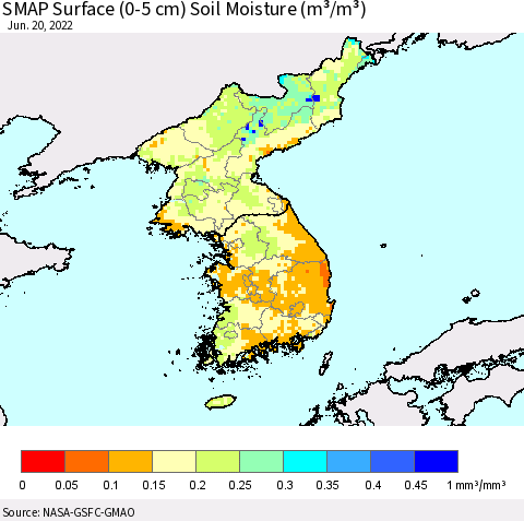 Korea SMAP Surface (0-5 cm) Soil Moisture (m³/m³) Thematic Map For 6/16/2022 - 6/20/2022