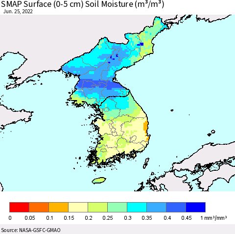 Korea SMAP Surface (0-5 cm) Soil Moisture (m³/m³) Thematic Map For 6/21/2022 - 6/25/2022
