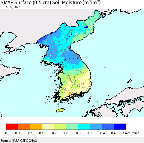 Korea SMAP Surface (0-5 cm) Soil Moisture (m³/m³) Thematic Map For 6/26/2022 - 6/30/2022