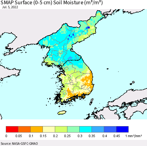 Korea SMAP Surface (0-5 cm) Soil Moisture (m³/m³) Thematic Map For 7/1/2022 - 7/5/2022