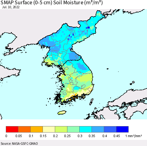 Korea SMAP Surface (0-5 cm) Soil Moisture (m³/m³) Thematic Map For 7/6/2022 - 7/10/2022