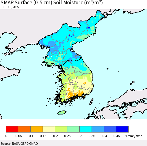 Korea SMAP Surface (0-5 cm) Soil Moisture (m³/m³) Thematic Map For 7/11/2022 - 7/15/2022