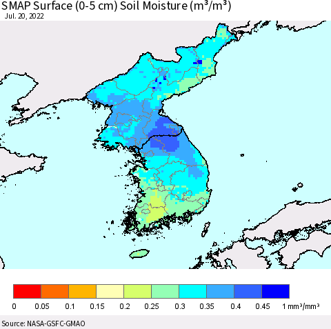 Korea SMAP Surface (0-5 cm) Soil Moisture (m³/m³) Thematic Map For 7/16/2022 - 7/20/2022