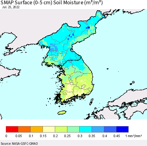 Korea SMAP Surface (0-5 cm) Soil Moisture (m³/m³) Thematic Map For 7/21/2022 - 7/25/2022
